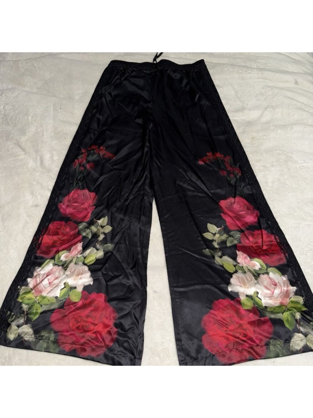 Jade By Johnny Was Women’s S Black Silk Blend Rose Floral Wide Leg Pants